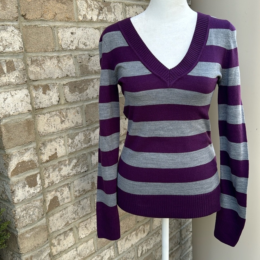 H&M Purple and Gray Striped V-Neck Sweater